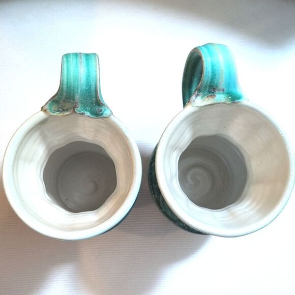 Handmade Turquoise Ceramic Textured Coffee Mug Set Artist Signed Pottery Cups - Picture 5 of 9